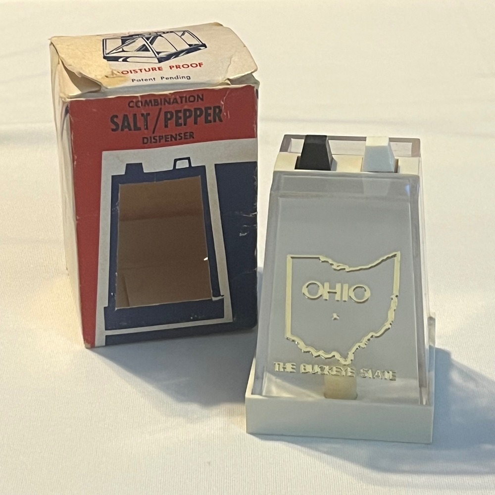 Vintage Ohio Buckeye State Salt Pepper Shaker Dispenser Plastics Research Box